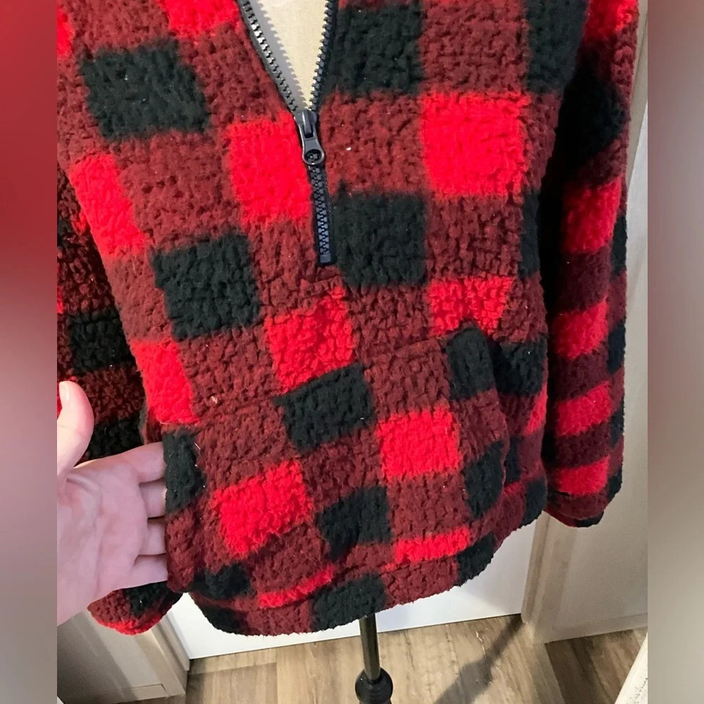 Almost Famous XL Red & Black plaid pull over with half zipper closure - Picture 2 of 7